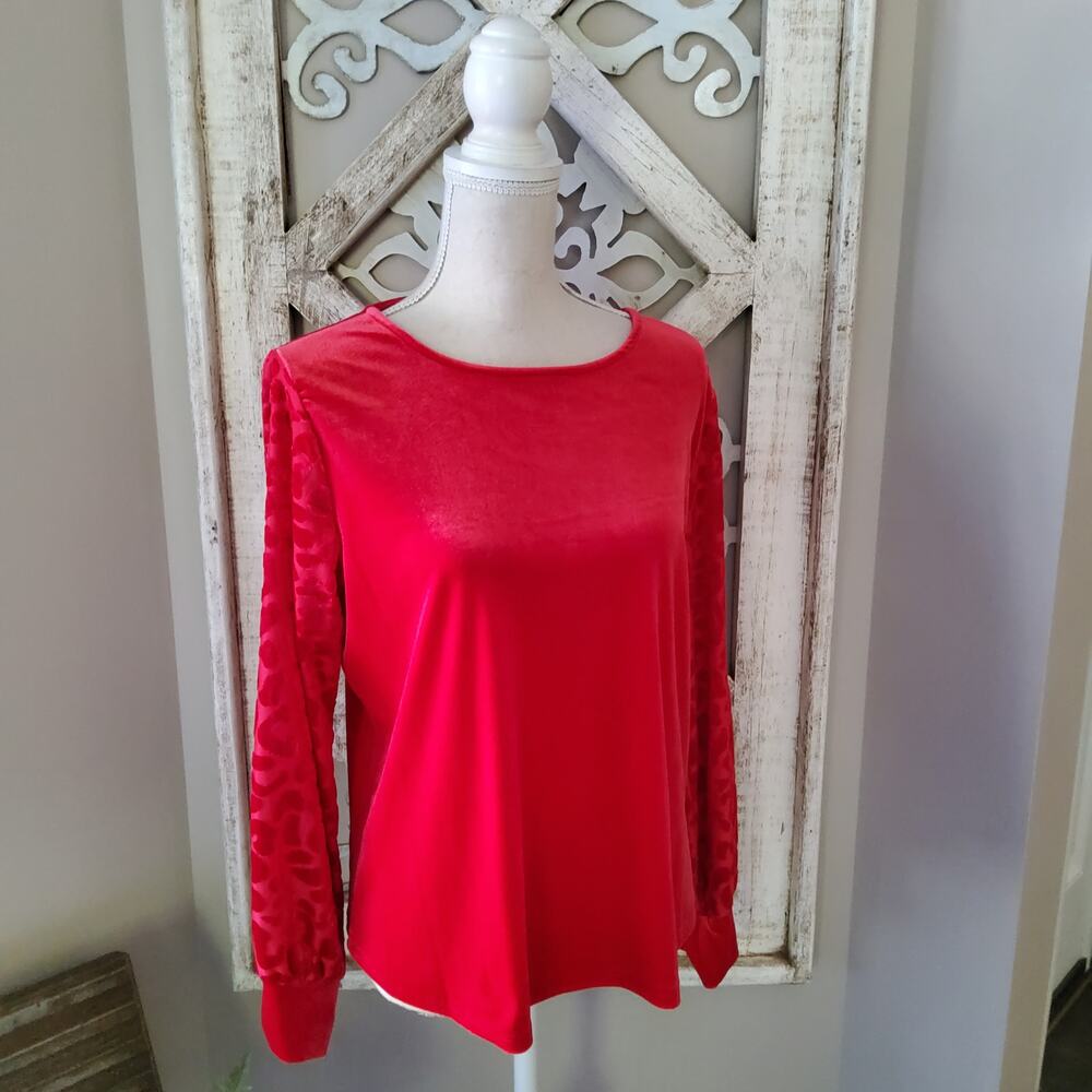 Ruby Rd Red Velvet Leopard Sleeve Glam Holiday Cozycore Sweatshirt Top